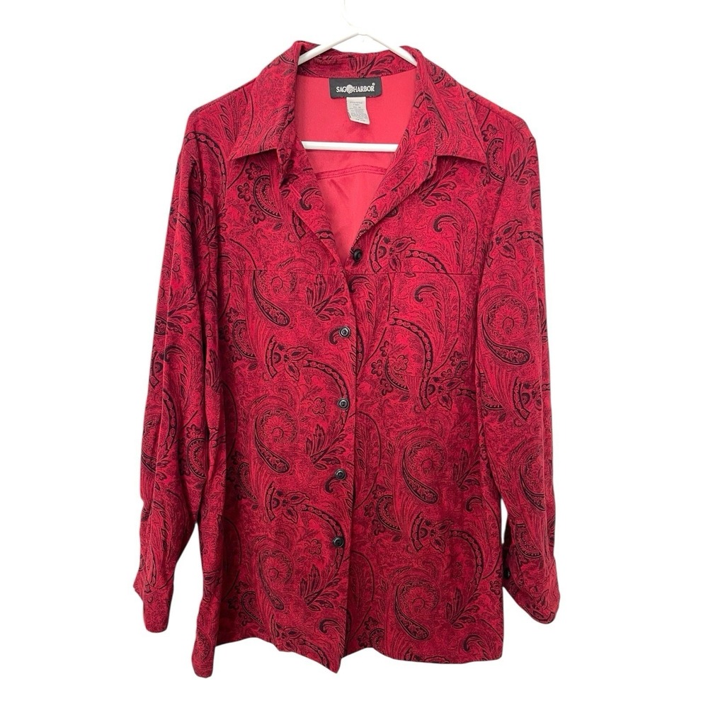 Sag Harbor 16 Red‎ Paisley Button Down Long Sleeve Top Dark Academia Boho